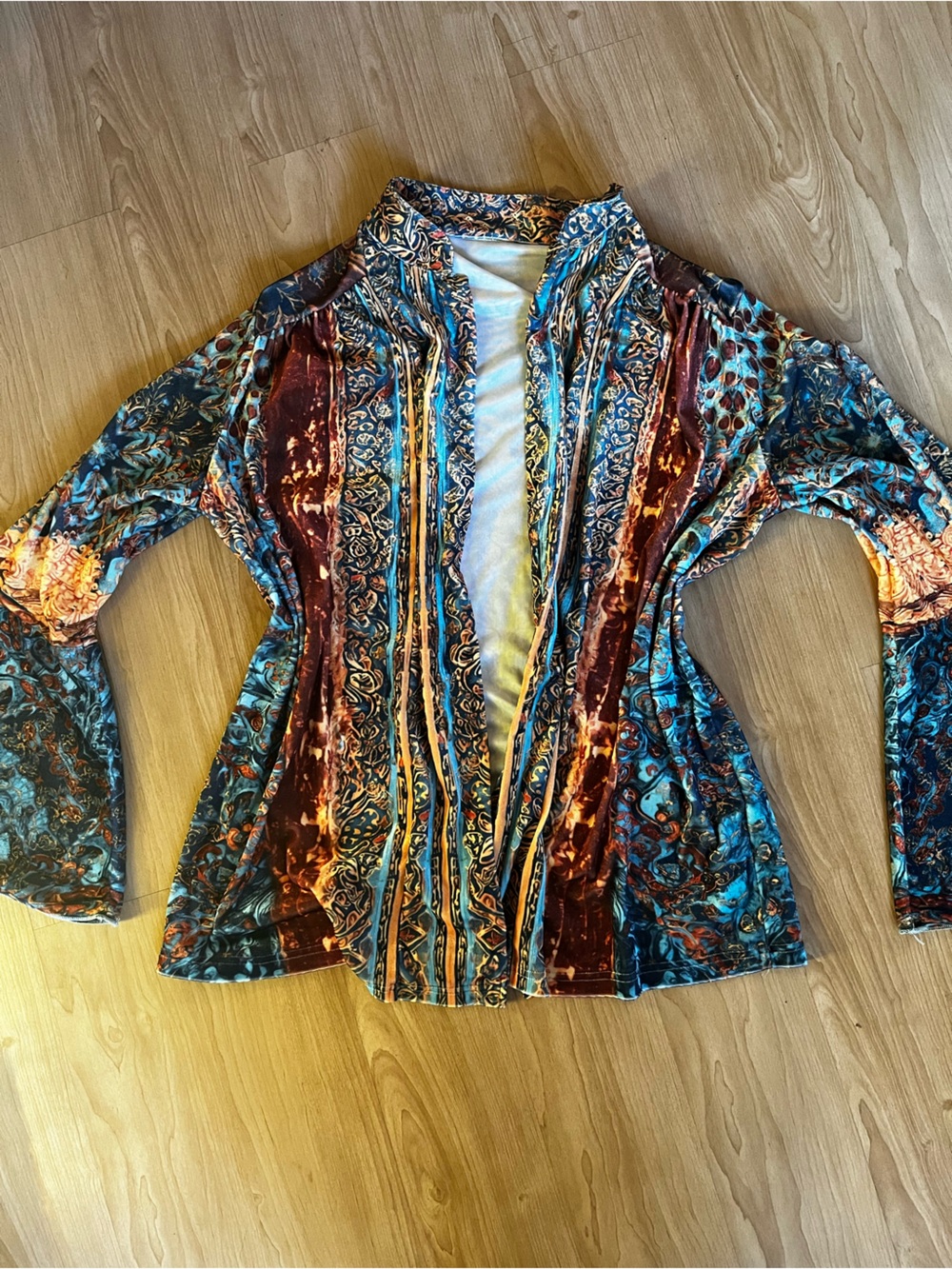 Boho tie dye hippie pattern Velvet feel Open Front Cardigan in Teal & Burgundy